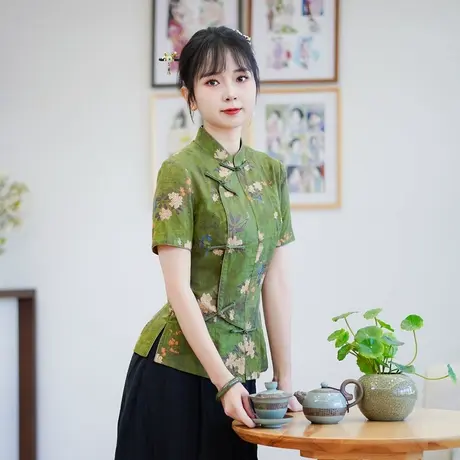 筠雅夏季新款简约清新旗袍式上衣唐装女改良版修身复古素衣24J140商品大图
