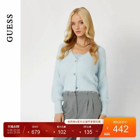 【秀智明星同款】GUESS女士慵懒风纯色V领毛绒针织开衫商品大图