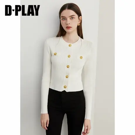DPLAY【惠品】年秋季通勤简约白色单排扣针织开衫时尚上衣女商品大图