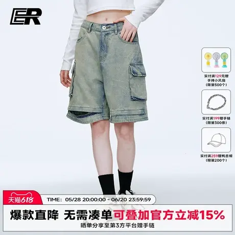 ER美式潮牌休闲牛仔短裤情侣夏季户外登山宽松多口袋工装五分中裤商品大图