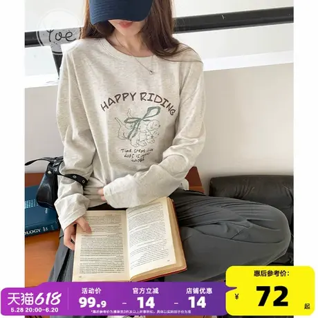 yoe长袖t恤女春秋新款米色休闲蝴蝶结印花宽松纯棉上衣打底衫内搭商品大图