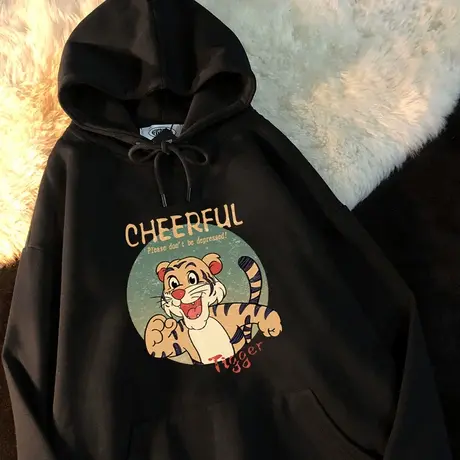 oversize欧美连帽大码连帽卫衣女春秋黑色外套hiphop潮牌街头上衣商品大图