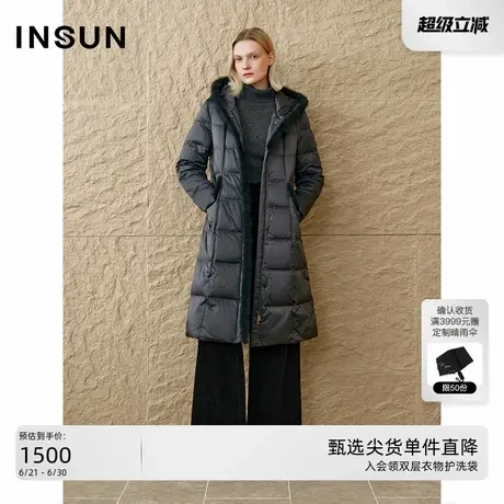 INSUN恩裳专选2024冬季修身连帽水貂条中长款羽绒服图片