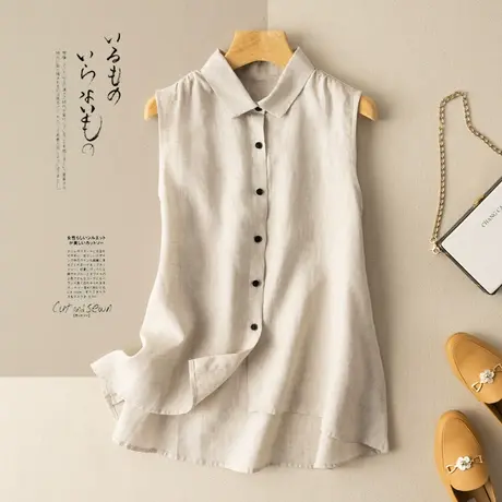 无袖亚麻衬衫文艺复古纯色棉麻上衣2022夏季新款宽松麻料衬衣气质图片