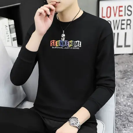 380g重磅纯棉黑色卫衣男宽松圆领长袖摇粒绒加绒保暖无帽上衣服商品大图