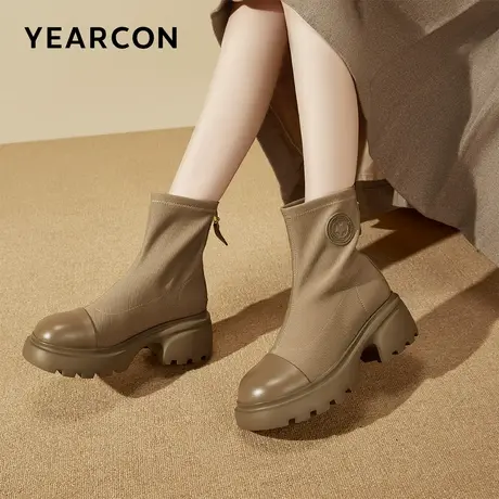 意尔康复古弹力靴女秋冬新款女靴短靴粗跟厚底高跟靴子棕色瘦瘦靴商品大图