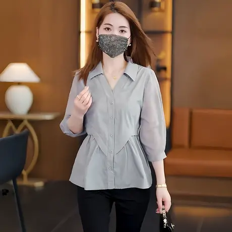 拉夏贝尔七分袖衬衫女士上衣初秋2025新款减龄收腰小衫洋气遮肚衫商品大图