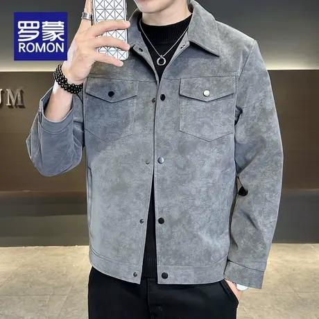 罗蒙男士2025新款春秋季潮流百搭宽松户外休闲翻领工装皮夹克外套商品大图