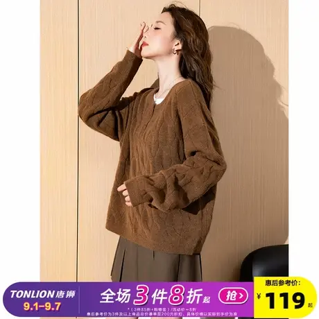 唐狮2025新款春季女毛衣圆领假两件小众设计感绞花净色宽松毛线衫商品大图
