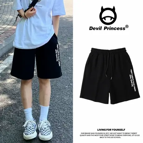 美式街头运动风黑色短裤女宽松高腰阔腿裤夏季百搭休闲直筒五分裤商品大图