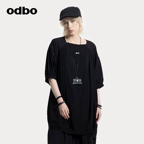 odbo/欧迪比欧短袖女士t恤方领时尚中长款宽松原创设计师品牌上衣商品大图