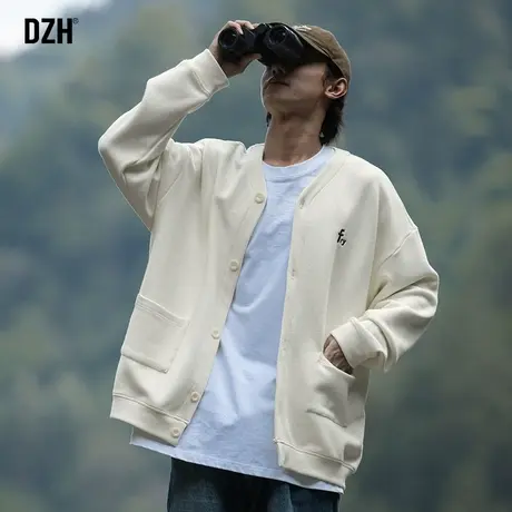 男士杏色质感华夫格开衫卫衣男春秋季潮牌刺绣外套男装2023年新款商品大图