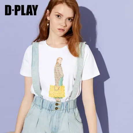 DPLAY德帕拉秋新品欧美白色圆领落肩休闲宽松印花短袖T恤女商品大图
