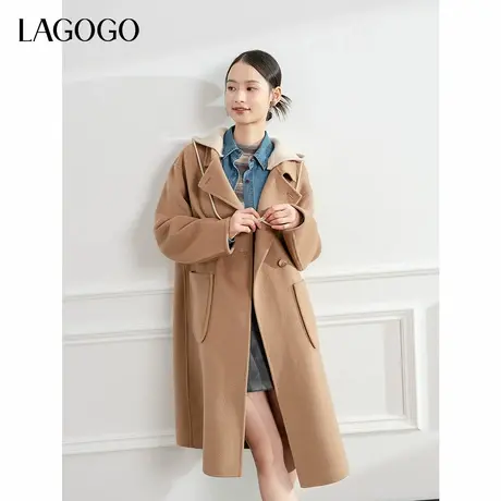 【100%绵羊毛】LAGOGO双面毛呢外套女拉谷谷2024冬季新款驼色大衣商品大图