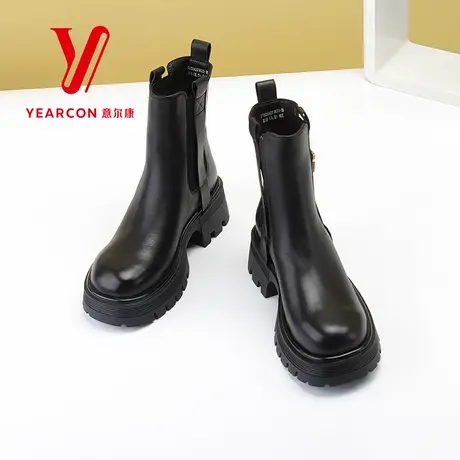 意尔康女靴2024新款冬季加绒烟筒靴女真皮厚底切尔西短靴时装靴子图片