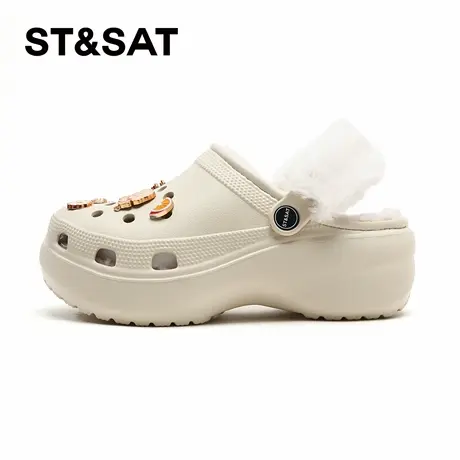 星期六加绒洞洞鞋女士保暖舒适加厚毛毛鞋女款厚底增高时尚棉鞋女商品大图