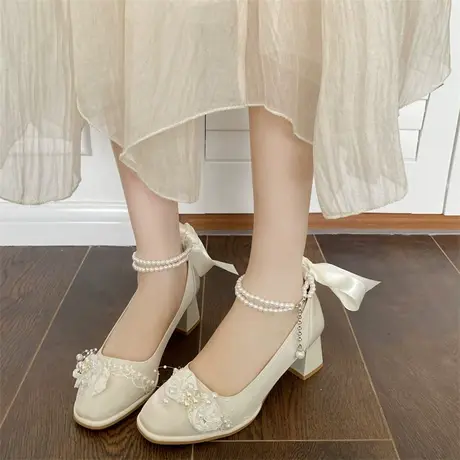 玛丽珍鞋女2023年春秋季新款配裙子仙女温柔单鞋粗跟高跟珍珠女鞋商品大图