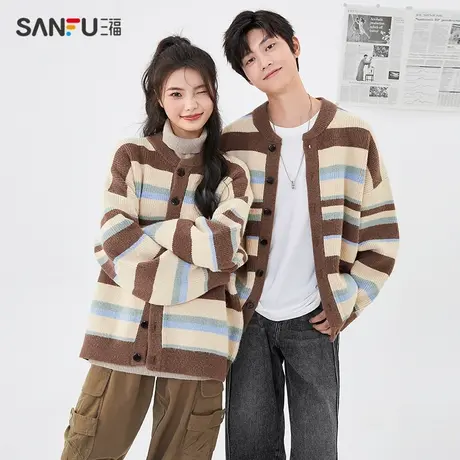 【预】三福2023秋冬男士复古条纹廓形开衫毛衣时尚宽松外套上衣商品大图