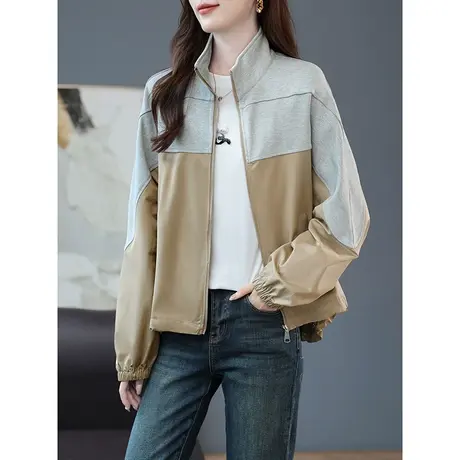 宝诗黎立领拼接蝙蝠长袖宽松短外套女棉质拉链开衫2023春秋季新款商品大图