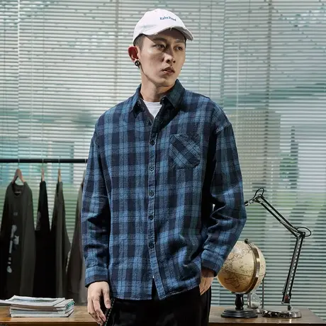 唐狮春秋新款衬衫男青年学生潮流韩版时尚休闲格子长袖衬衫Z图片