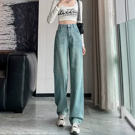 浅色阔腿牛仔裤女2023年秋季新款美式复古高腰显瘦直筒裤拖地长裤商品大图
