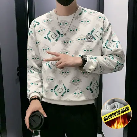 潮牌时尚几何印花加绒卫衣男秋冬款宽松加厚保暖t恤上衣长袖内搭商品大图