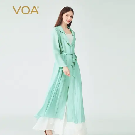 VOA真丝提花绿色西装领三粒扣撞料拼接腰间系带百搭桑蚕丝外套图片