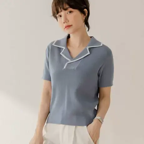 桔熊夏季通勤别致西装领丝光棉针织衫合身短款上衣女士大码FA2545图片