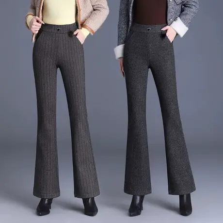 加绒裤子女冬季微喇裤棕色条纹休闲裤中年妈妈保暖棉裤秋冬喇叭裤图片