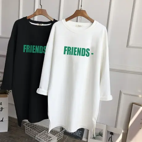 2022新款纯棉长袖t恤女装韩版宽松中长款秋冬季大码上衣加厚磨毛商品大图