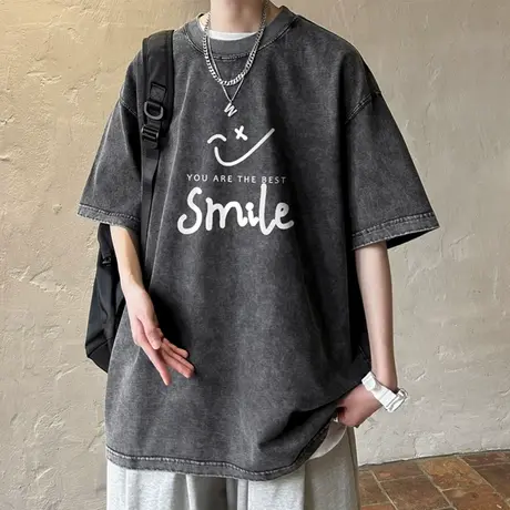 美式复古男士短袖t恤夏季新款宽松情侣棉感上衣T潮流笑脸半袖体恤商品大图