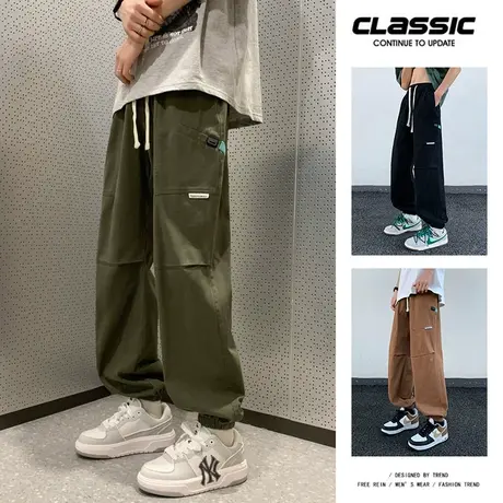 休闲工装裤男春秋季显瘦军绿色复古潮牌ins宽松束脚裤运动长裤子商品大图