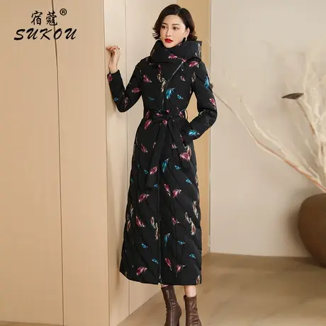 黑色印花立领连帽羽绒服女2024冬季新款时尚显瘦防风妈妈保暖外套商品大图