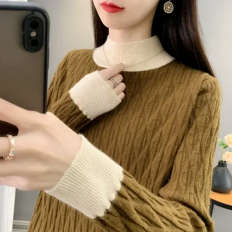 撞色半高领毛衣女2025春季新款宽松舒适时尚洋气针织衫小众打底衫图片