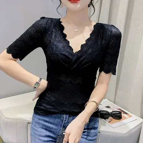欧货黑色蕾丝上衣女短袖夏季洋气性感V领小衫时尚洋气修身t恤2023商品大图