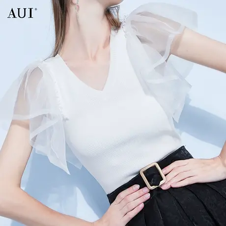 AUI白色网纱荷叶边毛针织衫女夏季2023新款设计感小众修身V领上衣图片