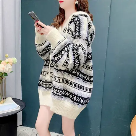 洋气条纹毛衣女套头秋冬宽松外穿连帽长袖中长款针织打底衫上衣潮图片