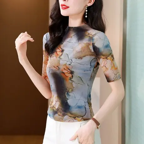 气质漂亮印花T恤女短袖夏季2024新款复古妈妈上衣修身网纱小衫ins商品大图
