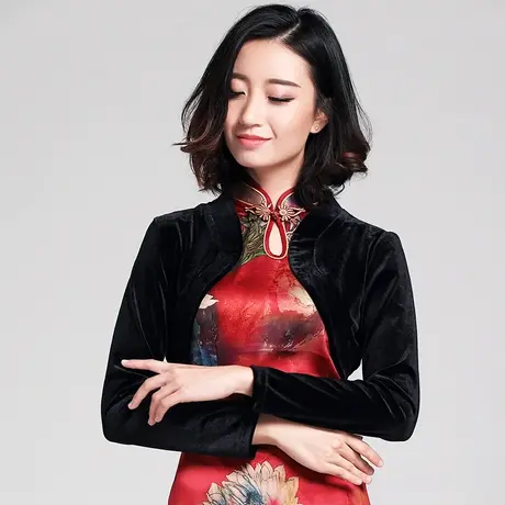 清仓】金丝绒旗袍外搭外套女坎肩2024新款开衫短款复古长袖小披肩图片