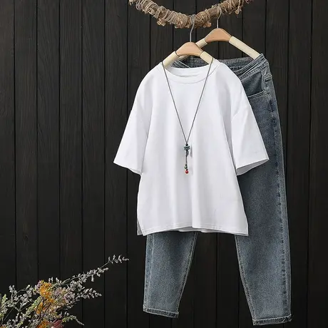 夏季2023年新款纯色圆领短袖T恤女装宽松百搭棉质体恤衫半袖上衣商品大图