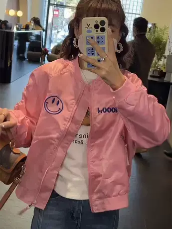 2023秋季新款笑脸刺绣夹克短款棒球服外套女欧货时尚洋气百搭上衣商品大图