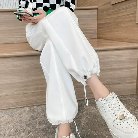 白色阔腿运动裤女春秋2023新款高腰直筒宽松显瘦两穿束脚休闲卫裤商品大图