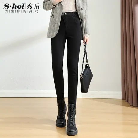秀后女裤黑色牛仔裤女高腰显瘦2023春秋新款修身紧身小脚裤九分裤商品大图