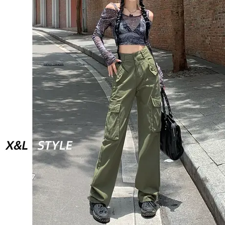 军绿色高腰工装裤女秋2023新款早秋显瘦百搭宽松阔腿直筒休闲裤子图片