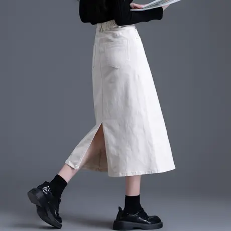 米白色牛仔裙半身裙春秋2024新款中长款裙子a字半裙小个子直筒裙商品大图