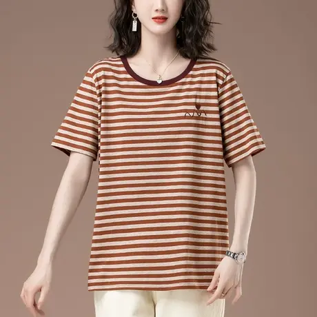 中年妈妈夏季条纹短袖T恤女加肥加大码女装宽松遮肚显瘦纯棉体恤图片