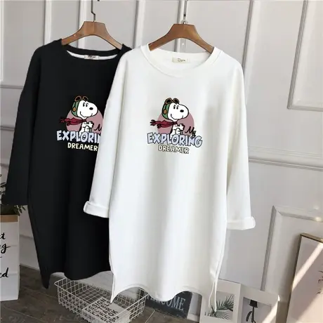 纯棉圆领长袖T恤女韩版宽松大码中长款磨毛上衣休闲简约百搭减龄商品大图