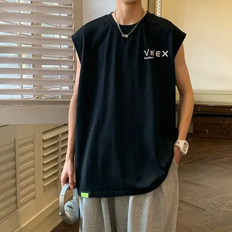 夏季纯棉无袖T恤夏天男装篮球圆领工字背心男士2023新款上衣男款商品大图