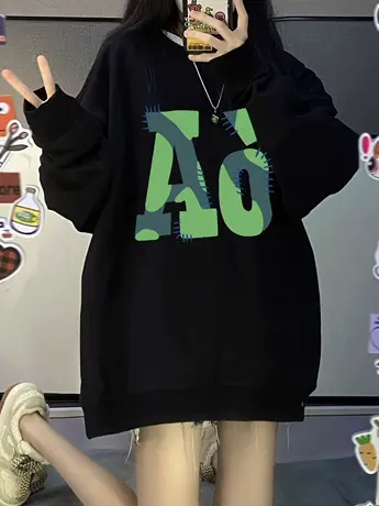 早秋大码高街oversize圆领黑色卫衣女小众潮ins薄款宽松长袖上衣图片