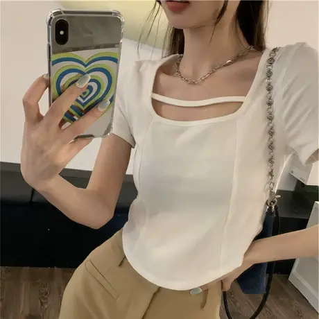 纯欲别致甜辣妹性感短款露脐上衣设计感小众白色短袖t恤女夏ins潮商品大图